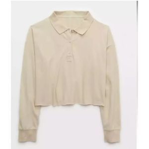 Aerie Offline Long Sleeve Cropped Polo Top Oatmeal Beige Size Small